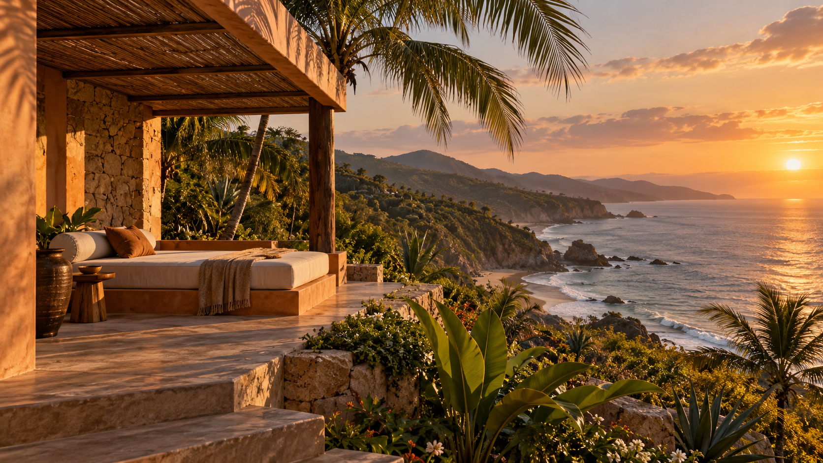 Imagen de inspiración: alojamiento de diseño frente a la costa del Pacífico al atardecer